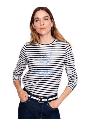 Boden Cat Person Tee Size S Embroidered Tee Navy Stripes 100% Cotton NWT